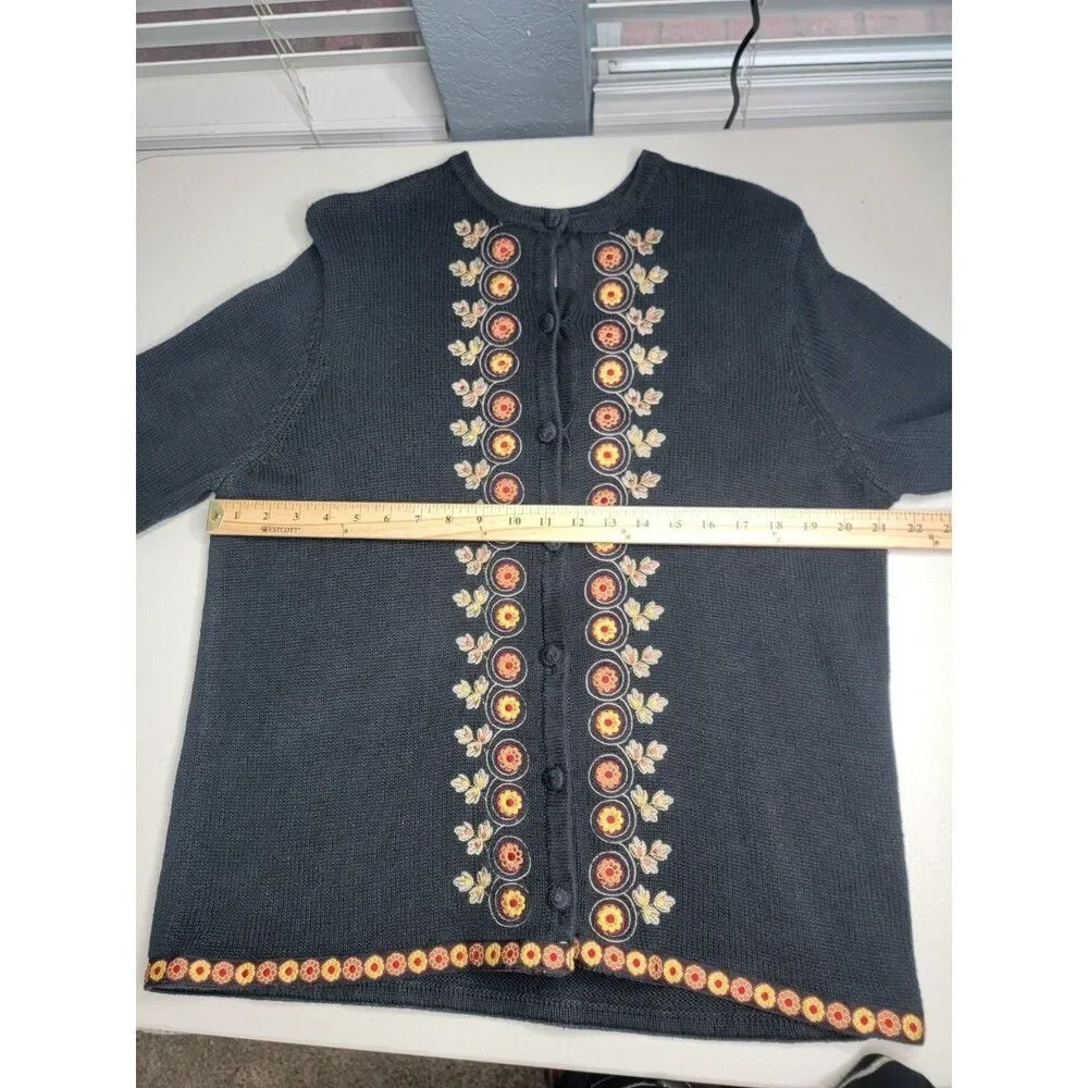 Vtg Bechamel Womens L Black Knit Embroidered Autum Leave Floral Button Cardigan